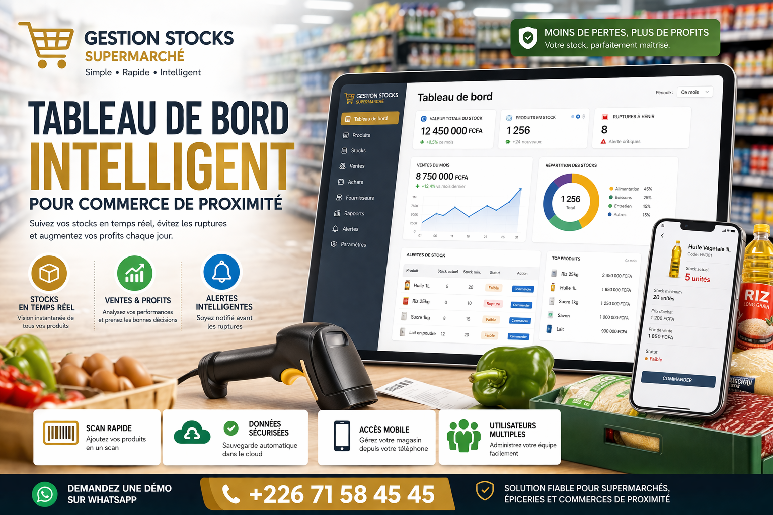 Tableau de bord supermarché WebFaso - Solution digitale complète pour gestion de stocks et ventes au Burkina Faso